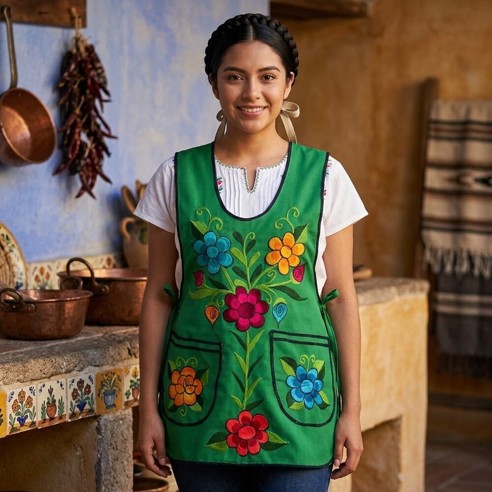 Mexican Embroidered Smock Apron – Floral Traditional Design 28 X 19 IN